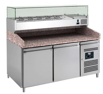 Image de Meuble de préparation pour pizzas 2 portes dessus granit avec vitrine réfrigérée
