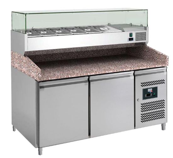 Image de Meuble de préparation pour pizzas 2 portes dessus granit avec vitrine réfrigérée