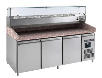 Image de Meuble de préparation pour pizzas 3 portes dessus granit avec vitrine réfrigérée **