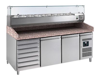 Image de Meuble de préparation pour pizzas 2 portes et 7 tiroirs dessus granit avec vitrine réfrigérée ** 
