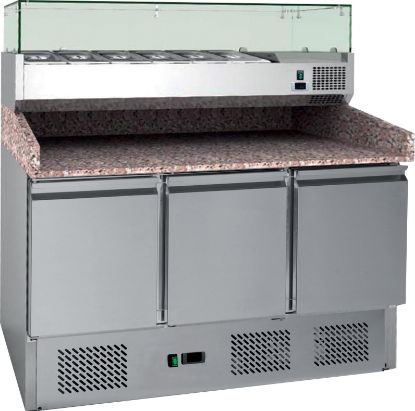Image de Meuble de préparation pour pizzas 3 portes dessus granit avec vitrine réfrigérée et groupe en dessous