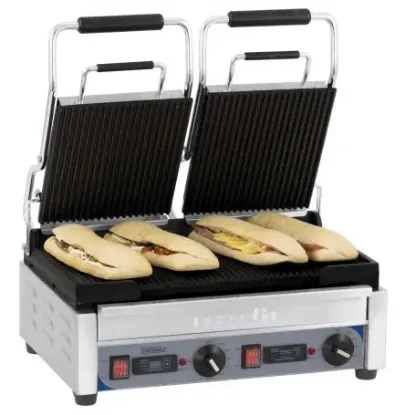 Image de Grill Panini double Premium 2 plaques rainurées avec minuteur - CASSELIN