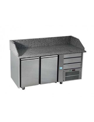 Image de Table pizza réfrigérée 2 portes GN 1/1 dessus granit avec dosseret et 3 tiroirs neutres sur groupe - DAP DISTRIBUTION
