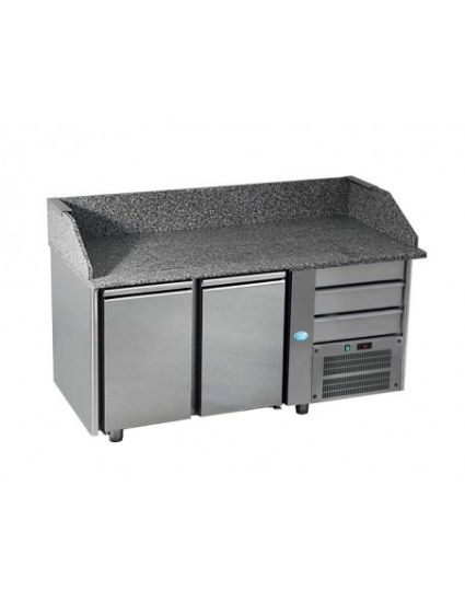 Image de Table pizza réfrigérée 2 portes GN 1/1 dessus granit avec dosseret et 3 tiroirs neutres sur groupe - DAP DISTRIBUTION