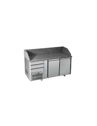 Image de Table pizza réfrigérée 2 portes GN 1/1 dessus granit avec dosseret et 3 tiroirs neutres sur groupe à gauche - DAP DISTRIBUTION