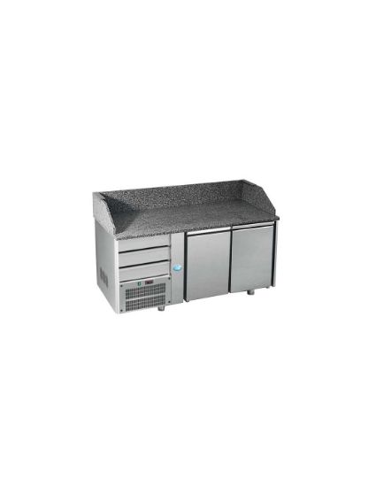 Image de Table pizza réfrigérée 2 portes GN 1/1 dessus granit avec dosseret et 3 tiroirs neutres sur groupe à gauche - DAP DISTRIBUTION