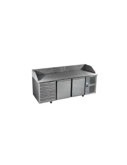 Image de Table pizza réfrigérée GN 1/1 dessus granit avec dosseret, 2 portes et 6 tiroirs neutres - DAP DISTRIBUTION