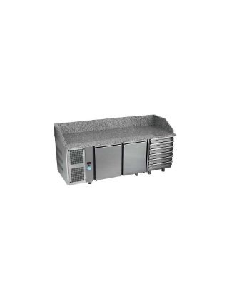 Image de Table pizza réfrigérée GN 1/1 dessus granit avec dosseret, 2 portes et 6 tiroirs neutres Groupe à gauche - DAP DISTRIBUTION 