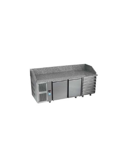Image de Table pizza réfrigérée GN 1/1 dessus granit avec dosseret, 2 portes et 6 tiroirs neutres Groupe à gauche - DAP DISTRIBUTION 